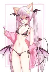 1girl 1girls animal_ears annytf bikini black_bikini breasts candy cleavage commentary demon_girl demon_tail demon_wings female food fox_ears fox_girl hair_between_eyes hair_ornament head_wings heart heart_hair_ornament heterochromia highres hiruchii_(hiruruchyan) holding holding_candy holding_food holding_lollipop indie_virtual_youtuber jacket lollipop long_hair looking_at_viewer medium_breasts navel pink_eyes pink_hair pink_jacket purple_eyes solo standing star_(symbol) star_hair_ornament swimsuit tail thighs twintails untranslatable_commentary virtual_youtuber vtuber white_background wings