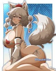 1girl 1girls animal_ears animal_tail arm_sleeves artist_name ass autumn autumn_leaves bare_shoulders barefoot beach beach_background belly belly_button big_breasts bikini blue_background blush blush_lines blushing border bow bowtie breasts breasts_bigger_than_head butt curvy curvy_figure detached_sleeves elbow_sleeve fluffy_ears fluffy_tail full_body gradient_background hand_on_breast hat hi_res high_resolution highres hips huge_ass huge_breasts large_breasts leaf leaf_print light_blush long_sleeves looking_at_viewer maple_leaf mini_hat momiji_inubashiri navel open_mouth palm_tree palms pom_pom_(clothes) pom_poms red_eyes red_hat seiza short_hair side_tie_bikini side_tie_bikini_bottom side_tie_panties side_view sideboob sitting small_hat sole_female solo solo_female solo_focus stomach swimsuit swimwear tengu thick_eyebrows thighs touhou turtleneck watermark white_bikini white_border white_hair white_pupils wide_hips wide_sleeves wide_thighs wolf_ears wolf_girl wolf_humanoid wolf_tail yamabikoyahoo youkai