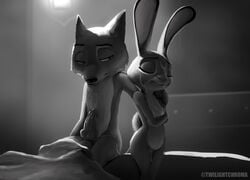 anthro balls bodily_fluids canid canine cum cum_in_mouth cum_inside cum_on_face digital_media_(artwork) disappointed disney duo ejaculation erection female flat_chest fox fur genital_fluids genitals grey_body grey_fur hi_res judy_hopps lagomorph leporid male male/female mammal monochrome nick_wilde nude rabbit simple_background standing twilightchroma zootopia