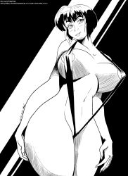 1girl 2019 areolae barely_covered big_breasts blush bob_cut dated erect_nipples_under_clothes fingernails grin looking_at_viewer looking_down monochrome nabiki_tendo navel pen_(artwork) pussy ranma_1/2 short_hair signature simple_background sling_bikini standing tiquitoc traditional_media_(artwork) url voluptuous_female waist wide_hips worm's-eye_view