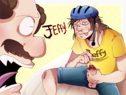 2boys blood blood_in_cum clothes_writing cum erection jeffy_(sml) male_focus marvin_(sml) masturbating pencil penis scared smile sml text urethral_penetration