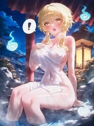 ! 1girl :o architecture arm_support blush breasts cleavage cloud collarbone covered_navel covered_nipples covering_privates east_asian_architecture genshin_impact hair_between_eyes hand_on_own_chest holding_towel hoyoverse large_breasts long_hair looking_at_viewer lumine_(genshin_impact) medium_hair ministro naked_towel nude nude_cover onsen open_mouth outdoors rock see-through short_hair_with_long_locks sidelocks sitting sky soaking_feet solo spoken_exclamation_mark steam thighs towel tree water wet wet_towel white_towel yellow_hair