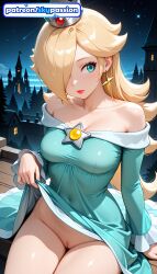 1girls 2026 ai_assisted ai_generated anime bare_shoulders blonde_hair building castle city city_lights cityscape clothes_lift crown dress dress_lift hair_over_one_eye hi_res high_quality high_resolution highres jewelry lifted_by_self long_hair mario_(series) moonlight night night_sky nintendo no_panties patreon patreon_username princess_rosalina rosalina sky skypassion solo stable_diffusion super_mario_bros. super_mario_galaxy watermark window