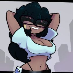 1girls 2026 arms_behind_head arms_up breasts dark_skin dark_skinned_female female female_only glasses long_hair mondongo nestoku oc original_character rectangular_glasses tagme thighs