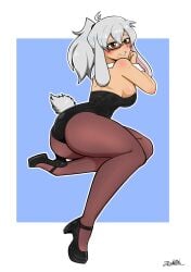 artist_signature ass ass_focus big_thighs blush brown_eyes bunny_ears bunny_girl bunny_tail bunnysuit butt butt_focus glasses lttanuki medium_breasts nervous_smile original original_character ponytail suggestive suggestive_pose tan_skin thick_thighs white_hair