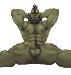 armpit_hair beard bodily_fluids body_hair facial_hair hairy hi_res humanoid male male_only muscular orc orc_male solo solo_male suchmim sweat yellow_eyes