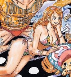 big_breasts bikini bikini_bottom bikini_top breasts female franky long_hair male nami oda_eiichirou official_art one_piece orange_hair post-timeskip string_bikini sunglasses sunglasses_on_head swimsuit thighs tony_tony_chopper wet