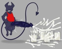 1_eye anthro balls big_balls big_penis bodily_fluids clothed clothing cum cum_in_a_cup cum_in_container demon excessive_cum excessive_genital_fluids fur genital_fluids genitals hi_res horn huge_penis hyper hyper_genitalia hyper_penis imp krylon_(nylonhellhole) looking_pleasured male nylonhellhole orgasm penis simple_background solo spade_tail tail vein veiny_penis