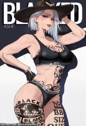 1girl ai_generated anime artist:basicallynomore ashe_(overwatch) black_panties black_sports_bra blacked blacked_clothing female looking_at_viewer overwatch pubic_tattoo qos qos_clothing qos_tattoo queen_of_spades queen_of_spades_symbol queen_of_spades_tattoo sportswear tattoo tattoos white_skin