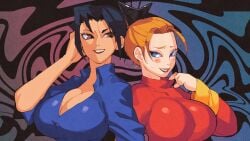 2girls blonde blonde_female blonde_hair blue_clothing blue_eyes blush breasts cleavage_cutout dark_hair fear_effect female female_only hana_tsu-vachel inkerton-kun inkuusan large_breasts rain_qin red_clothing tied_hair