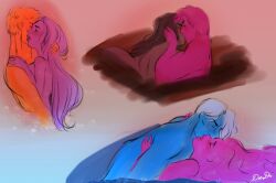 aphares aphrodite aphrodite_(lore_olympus) ares_(lore_olympus) bed bedroom blue_skin brunette brunette_hair drooling eros_(lore_olympus) hades_(lore_olympus) kiss kissing long_hair lore_olympus nude nude_female nude_male nudity on_bed persephone_(lore_olympus) pink_hair pink_skin psyche_(lore_olympus) purple_hair purple_skin sweat sweatdrop sweating tan_skin