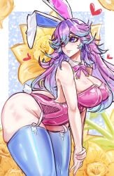 1girl 1girls absurdres animal_ears ass backless_leotard bare_shoulders big_breasts blue_eyes blue_hair blue_thighhighs breasts cleavage collar cottontail_(vtuber) curvy detached_collar exodamartworks fat_ass female flower freckles garter_straps gradient_hair hair_between_eyes heterochromia highres indie_virtual_youtuber large_breasts leotard long_hair looking_to_the_side multicolored_hair pink_leotard pink_ribbon purple_eyes purple_hair rabbit_ears rabbit_girl rabbit_tail ribbon solo tail thick thick_ass thick_thighs thigh_focus thighhighs thighs tits virtual_youtuber vtuber white_collar wide_hips