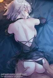 1boy 1girl 2026 ahoge ai_generated all_fours anus ass ass_grab back backboob bare_shoulders black_dress black_gloves black_panties blush breasts breath censored choker clothed_female_nude_male clothed_sex clothing_aside cocomiyart detached_sleeves doggystyle dress earrings elbow_gloves fate_(series) fishnets from_behind gloves grey_hair hair_ornament heavy_breathing hetero highres jeanne_d'arc_alter_(fate) jewelry large_breasts looking_at_viewer looking_back mosaic_censoring nsfw open_mouth panties panties_aside penis pov sex sex_from_behind short_hair side-tie_panties solo_focus thighhighs thong thong_aside uncensored underwear vaginal x_hair_ornament yellow_eyes