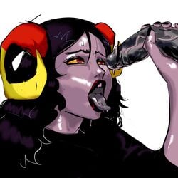 1boy 1girls 2021 aradia_megido black_hair black_nails clothing grey_skin handjob homestuck horns long_hair lysanthum ms_paint_adventures naked open_mouth red_eyes red_lips straight sweat tongue tongue_out troll white_background