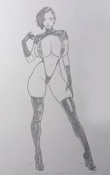black_hair black_lips breasts elbow_gloves female gloves high_heel_boots laniakea large_breasts latex latex_clothing majestic_(sov) short_hair sketch society_of_virtue solo_female tamiegadelha thong