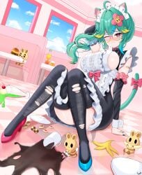 1girl 1girls absurdres ahoge alternate_costume animal_ear_piercing animal_ears aqua_hair arm_behind_head banana_peel bandage_on_cheek bandaid bandaid_on_arm big_breasts black_dress black_thighhighs blonde_hair blue_sky blush blush_stickers bottle bow breasts burger cat_ears cat_girl cat_tail checkerboard_cookie checkered_floor cherry cleaning closed_mouth cloud commentary cookie day detached_sleeves diner dress eating english_commentary eyelashes fallen_down female food food_on_floor fruit glass glasses green_hair hair_intakes hair_ornament headband high_heels highres holding holding_food holding_fruit holding_rag honeybun_(rosedoodle) ice_cream indoors insect_wings long_hair maid maid_headdress mismatched_footwear mismatched_shoes multicolored_hair nose_blush one_eye_closed open_mouth pink_bow pink_eyes pink_hair plate rosedoodle_(vtuber) round_eyewear shoes side_ponytail sideboob sidelocks signature sitting sky solo_focus spill streaked_hair tail tail_bow tail_ornament teeth thighhighs tits torn_clothes torn_thighhighs upper_teeth_only vchiban virtual_youtuber vtuber white_headband window wings