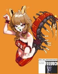 1girl 1girls abdomen_tail antennae arthropod_girl arthropod_limbs bandaid bandaid_on_face bandaid_on_nose bare_shoulders bell bow bra breasts brown_hair centipede_girl centipede_tail cleavage cleavage_cutout clothing_cutout colored_nipples colored_tongue female green_nipples green_tongue highres indie_virtual_youtuber kneeling looking_at_viewer medium_breasts monster_girl naiyo_spede naiyospede neck_bell orange_background paw_pose red_bra red_eyes sedua_weynn short_hair solo tail tail_bow tail_ornament thighs tits underwear virtual_youtuber vtuber