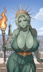 1girl ai_generated big_breasts curvy curvy_body curvy_female curvy_figure green_body green_clothing green_hair green_skin huge_breasts kyoru189 large_breasts looking_at_viewer mature_female milf solo solo_female statue_of_liberty