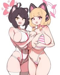 2girls aged_up animal_ears big_breasts bikini blonde_hair blue_archive gya_rb halo huge_breasts kaede_(blue_archive) momoi_(blue_archive) swimsuit thighhighs wide_hips
