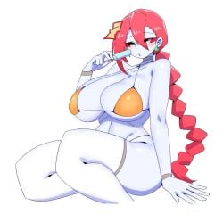 1girl aerolae big_breasts bikini female_focus female_only green_fingernails jiangshi_(mannungei) mannungei popsickle red_hair revealing revealing_clothes sitting stitches sucking_popsicle thick_thighs