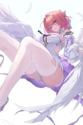 1girls big_breasts breasts breasts_out colored_nails dress exposed_breasts female large_breasts long_nails painted_nails panties pantyshot pantyshot_(sitting) pink_hair purple_eyes remielle_(zenless_zone_zero) remielle_dan short_hair underwear white_dress white_panties white_underwear white_wings wings zenless_zone_zero