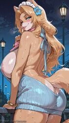 1girl ai_generated animal_ears ass bleach:_the_thousand-year_blood_war blue_eyes blush bracelet breasts decurse flower furry furry_female hair_flower hair_ornament huge_breasts jewelry lamppost long_hair looking_at_viewer maid_headdress matsumoto_rangiku meme_attire night outdoors rangiku_matsumoto sideboob sky smile solo sweat sweater tail virgin_killer_sweater