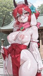 1girl ai_generated animal_ears blue_flower blush bow breasts decurse deltarune detached_sleeves flower furry_female glasses grin hair_flower hair_ornament horns japanese_clothes large_breasts looking_at_viewer maid_headdress nipples outdoors ralsei red_bow red_eyes red_hair see-through short_hair smile solo sweat teeth wet wet_clothes white_fur