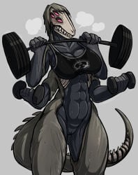 abs black_bra dumbbell female female_only furry genderswap lizard_humanoid scp-682 scp_foundation