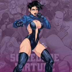 big_breasts black_lips bolero breasts cleavage_cutout female gloves legwear majestic_(sov) short_hair society_of_virtue solo_female stockings waist