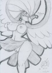 2021 anthro avian beak bird blush bodily_fluids breasts clothed clothing female genital_fluids genitals graphite_(artwork) jojo_pose loincloth_only looking_at_viewer lunaris_parukia navel nintendo nipples no_underwear open_beak open_mouth pidgeot pokémon_(species) pokémorph pokemon pussy pussy_juice solo topless traditional_media_(artwork) video_games wings