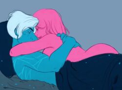 bed blue_body blue_skin cuddling gif groping hades_(lore_olympus) long_hair lore_olympus nude nude_female nude_male nudity on_bed persephone_(lore_olympus) pink_body pink_hair pink_skin scar scared short_hair touching_back wholesome
