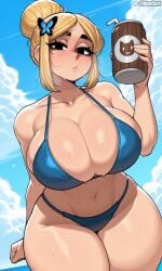 ai_generated beach big_breasts big_thighs bikini brawl_stars cloud day piper_(brawl_stars) sky standing thick