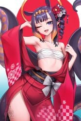 1girls animal_ears armpits bare_shoulders breast_press chest_wraps collarbone compressed_breasts drill_hair exposed_armpits exposed_torso fancy_clothing female female_only flower_in_hair hair_accessory halo hand_behind_head hololive hololive_english hololive_myth kemonomimi kimono light-skinned_female light_skin looking_at_viewer ninomae_ina'nis off_shoulder one_eye_closed open_mouth open_smile pointy_ears purple_eyes purple_hair robes shaved_armpit shaved_armpits short_hair skinny slender_body small_breasts smile solo standing straight_bangs tentacles thighs tight_bra unstableboiler virtual_youtuber wink winking_at_viewer wrappings
