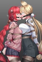 2girls absurdres alice_thymefield animal_ears ball_gag bdsm blonde_hair blush bondage bound bound_arms bound_legs bound_together bound_wrists braid braided_twintails breasts bt_(artist) cardigan embarrassed femsub gag gagged green_eyes grey_background hair_ornament highres large_breasts linked_gag long_hair looking_at_another multiple_girls multiple_subs open_mouth rabbit_ears rabbit_girl red_hair restrained rope shirt simple_background sphere_hair_ornament twin_braids twintails ukinami_yuzuha very_long_hair white_shirt yellow_eyes yuri zenless_zone_zero