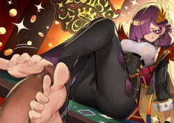 1boy 1girl absurdres barefoot blonde_hair breasts casino_card_table censored cielo_the_raise_moon_veil commentary_request duel_monster footjob hair_over_one_eye hetero high-waist_pants highres jacket licking_lips long_hair long_sleeves mosaic_censoring open_clothes open_jacket pants penis poker_chip purple_hair ro_g_(oowack) shirt table tongue tongue_out very_long_hair white_shirt yu-gi-oh!