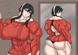 1girls ass back back_muscles back_view black_hair black_panties english english_text female forsakun headband mirror muscle_fetish muscle_growth muscles muscular muscular_ass muscular_female panties red_eyes red_sweater spy_x_family sweater text yor_briar yor_forger