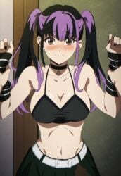 armband belly_button big_breasts black_hair blush bra brown_eyes character_request choker copyright_request earrings holding_arms looking_at_viewer pov purple_hair skirt tagme topless two-tone_hair zuharu
