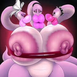 absurd_res anthro areola big_areola big_breasts bimbo bimbo_lip bimbofication breasts choker clothed clothing female fishnet genitals group hat headgear headwear hi_res huge_areolae huge_breasts huge_lips huge_nipples hydra hyper hyper_bimbo hyper_breasts hyper_lips jewelry larger_female lips_bigger_than_head looking_at_viewer makeup necklace nightmare-arts puffy_lips skimpy solo topwear