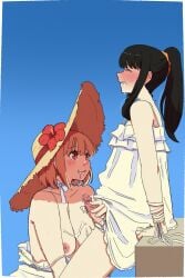 2girls absurdres after_fellatio black_hair blonde_hair blue_background blush breasts breasts_out clenched_teeth covered_nipples cum cum_in_mouth cum_on_body cum_on_breasts dress futa_with_female futanari grabbing_another's_penis hat highres inoue_takina ladraodarte long_hair lycoris_recoil multiple_girls nipples nishikigi_chisato off_shoulder penis ponytail red_eyes short_hair sidelocks simple_background straw_hat sundress teeth uncensored white_dress