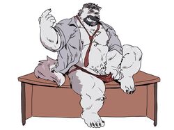 1boy 2021 anthro beard bearwivme canid canine canis clothed clothing domestic_dog facial_hair fur genitals grey_body grey_fur hi_res humanoid_hands jockstrap male male_only mammal mature_male moobs moustache necktie nipples open_clothing open_shirt open_topwear overweight overweight_male penis shirt sitting solo topwear underwear white_body white_fur