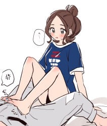 1boy 1girls barefoot black_panties blue_shirt blush brown_hair bulge foot_on_bulge grey_eyes harmony_(pokemon) nintendo panties pants pokemon pokemon_legends:_z-a sitting sweat urbain_(pokemon) wearing_others_clothes