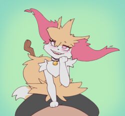 <3_eyes anthro blush braixen canid canine duo female female_on_top fur heart hi_res inner_ear_fluff male male/female male_on_bottom mammal nintendo on_bottom on_top open_mouth pokémon_(species) pokemon pokemon_(species) simple_background traknoch tuft video_games yellow_body yellow_fur