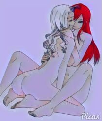 2girls erza_scarlet fairy_tail mirajane_strauss red_hair white_hair yuri