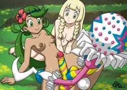 1boy 2girls 5_fingers 5_toes accessory blacephalon blonde_hair breasts completely_nude dark-skinned_female dark_skin erect_nipples erection feet female fingers frown gravelurkertsk green_eyes green_hair group hair hair_accessory human human_on_humanoid humanoid interspecies lillie_(pokemon) looking_at_another male male/female mallow_(pokemon) mammal multicolored_body multiple_girls nintendo nipples not_furry penis pokémon_(species) pokemon pokemon_sm pokephilia smile toes ultra_beast video_games