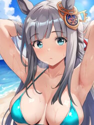 1girls armpits arms_behind_head arms_up asanagi_shion blue_bikini blue_eyes blue_sky chrono_genesis_(umamusume) cloudy_sky collarbone grey_hair horse_ears horse_girl large_breasts looking_at_viewer multicolored_hair ocean outdoors solo sweat umamusume umamusume_pretty_derby upper_body