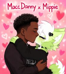 ai_generated anthro black_hair blush dark-skin dark-skinned_male felid feline furry green_body green_fur human human_on_anthro interspecies kissing kit_community romantic romantic_ambiance romantic_couple two-tone_body two-tone_fur