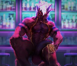 absurd_res alcohol anthro balls bar beverage biceps big_balls big_muscles big_penis black_body black_countershading bodily_fluids chair chin_spikes claws countershade_torso countershading digital_media_(artwork) dragon dust_yang facial_spikes fingers flaccid foreskin furniture gariyuu genitals hair hi_res horn huge_balls huge_cock humanoid_genitalia humanoid_penis lights looking_at_viewer male multicolored_body multicolored_penis multicolored_scales muscular muscular_anthro muscular_male nude orange_body orange_countershading partially_retracted_foreskin penis pupils red_balls red_body red_scales red_sclera reptile scales scalie seat sitting slit_pupils solo spikes spikes_(anatomy) spilled_drink tongue tongue_out two_tone_body white_claws white_hair wingless_dragon