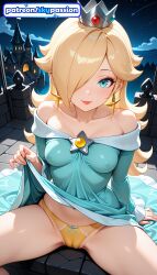 1girls 2026 ai_assisted ai_generated anime blonde_hair castle clothes_lift crown dress dress_lift earrings hair_over_one_eye hi_res high_quality high_resolution highres jewelry long_hair mario_(series) night night_sky nintendo panties patreon patreon_username princess_rosalina rosalina sky skypassion stable_diffusion star_earrings super_mario_bros. super_mario_galaxy underwear watermark yellow_panties