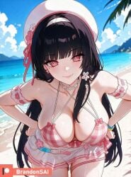 1girl ai ai_art ai_assisted ai_generated artist_name beach big_ass big_breasts big_thighs bikini black_hair blush brandonsai breasts busty busty_female chisa_(wuthering_waves) cleavage curvy curvy_body curvy_female curvy_figure day female female_focus hands_on_own_hips hat heavy_breathing hourglass_figure hourglass_figured_female huge_breasts large_breasts large_thighs leaning_forward long_hair looking_at_viewer mole official_alternate_costume outdoors patreon patreon_logo patreon_username pink_eyes pov skirt sky smile solo swimsuit thigh_strap watermark wuthering_waves