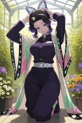 1girl ai_generated animal_print arms_up bangs belt black_hair black_jacket black_pants breasts bug butterfly butterfly_hair_ornament day demon_slayer flower forehead gradient_hair hair_ornament haori hi_res high_quality high_resolution insect jacket japanese_clothes katana kochou_shinobu long_sleeves looking_at_viewer multicolored_hair pants parted_bangs patreon purple_eyes purple_hair seductive sexy sheath shinobu_kocho short_hair smile solo squatting sword uncensored uniform watermark weapon wide_sleeves